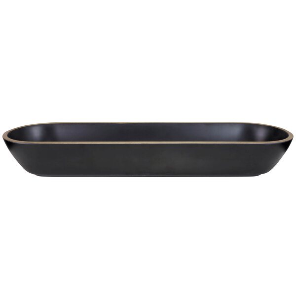 An oval black melamine bowl with a gold border.