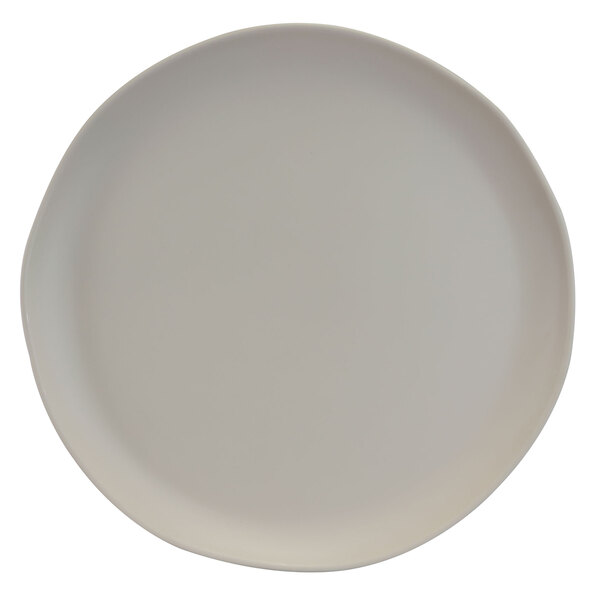 A matte vanilla melamine plate with a small rim on it.