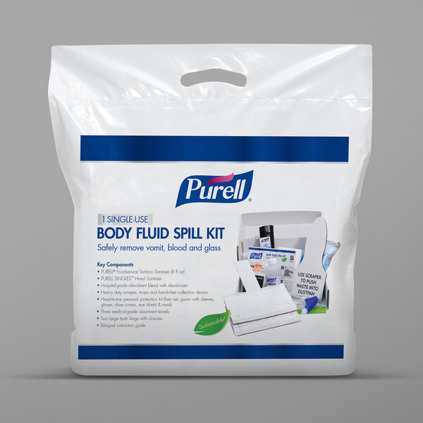 A white Purell bag with blue and white text and a blue and white label.