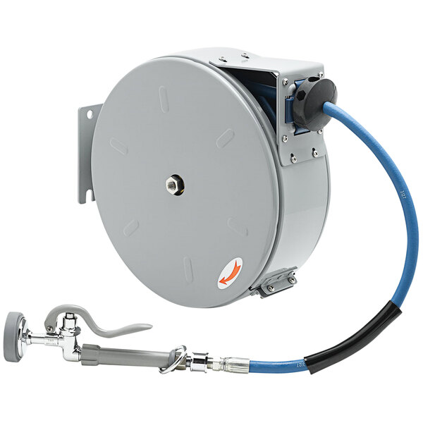 A grey metal T&S hose reel with a blue hose and black handle.