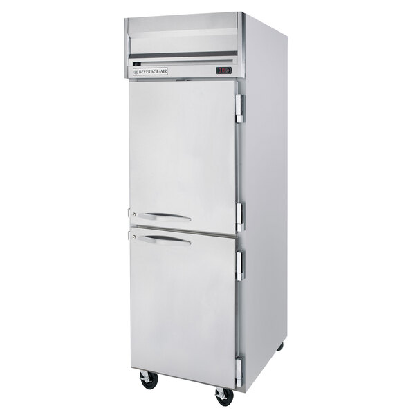 A Beverage-Air stainless steel Horizon Series reach-in freezer with half solid doors.