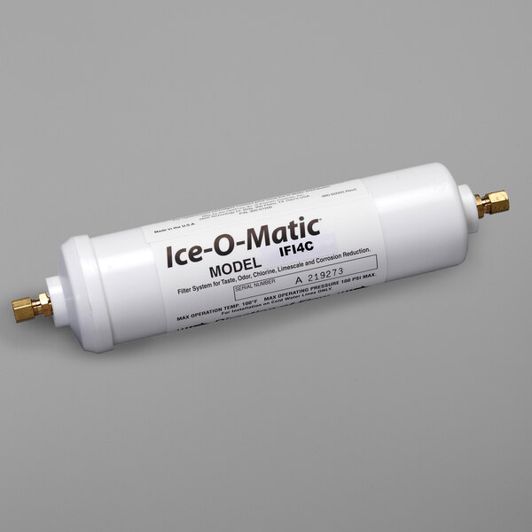 A white plastic Ice-O-Matic water filter cylinder with black text on it.