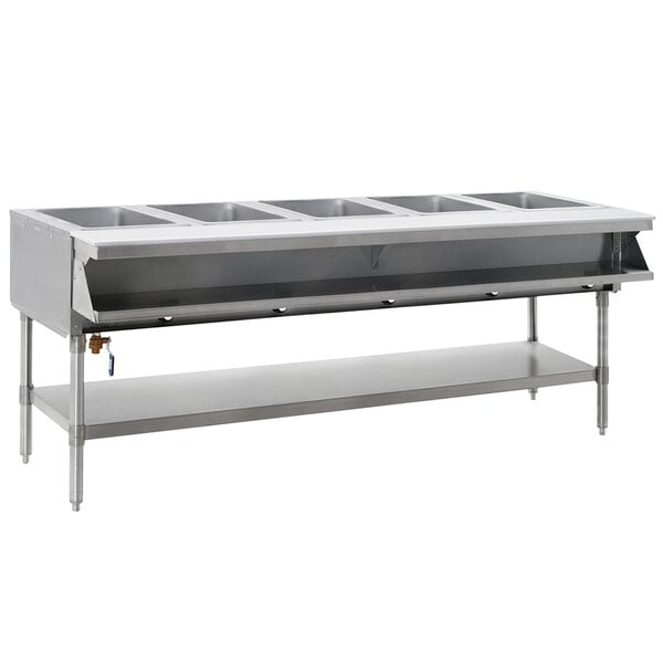 A large stainless steel Eagle Group hot food table with an undershelf.