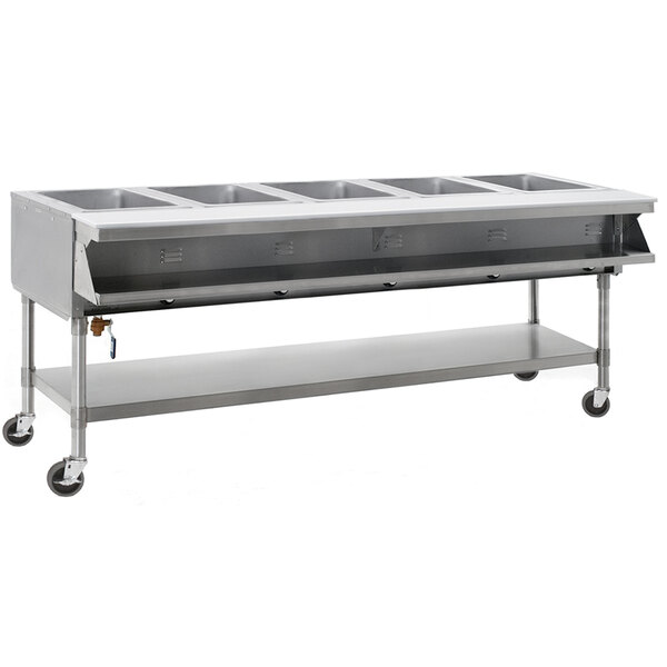 A stainless steel Eagle Group hot food table with three sealed wells.