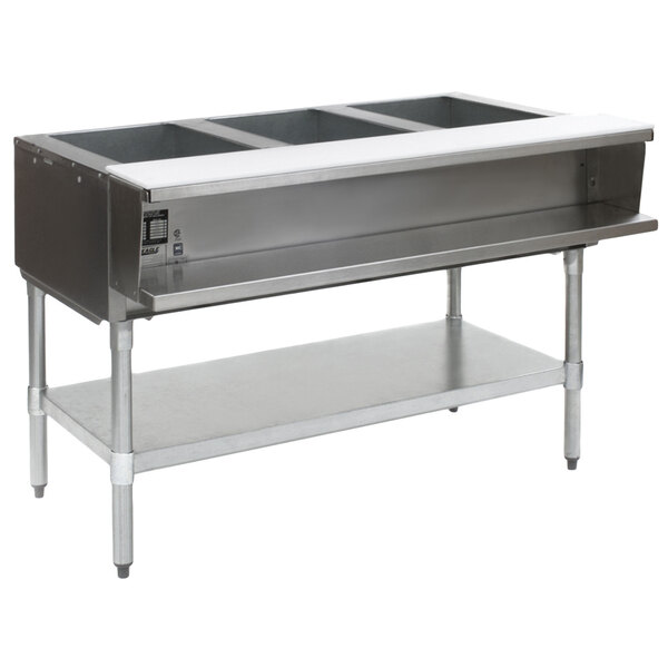 An Eagle Group stainless steel water bath steam table with a galvanized metal base.