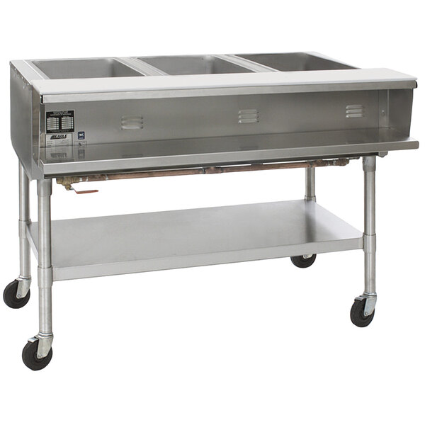 A large stainless steel Eagle Group hot food table with three sealed wells.