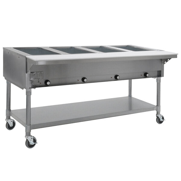An Eagle Group stainless steel commercial hot food table with open base on a counter.