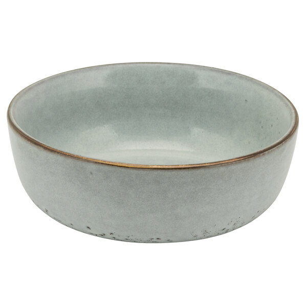 A white bowl with a blue rim.
