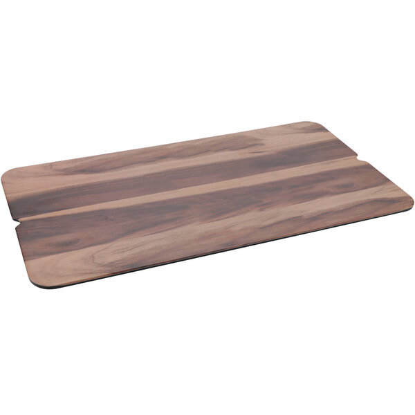 A rectangular faux walnut wood melamine display board with a black and brown design.