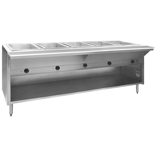 An Eagle Group stainless steel commercial hot food table with open compartments.