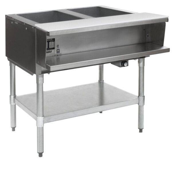 An Eagle Group stainless steel commercial water bath steam table with a galvanized open base, holding two pans.