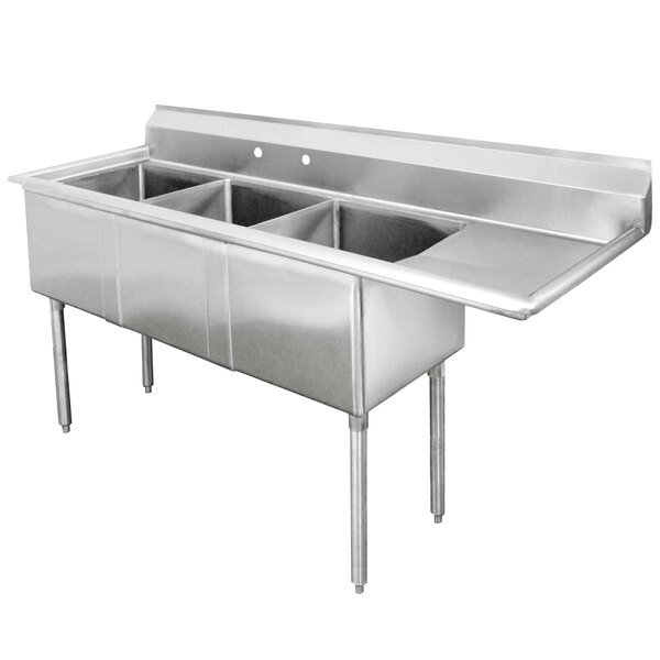 A stainless steel Advance Tabco 3 compartment commercial sink with right drainboard.