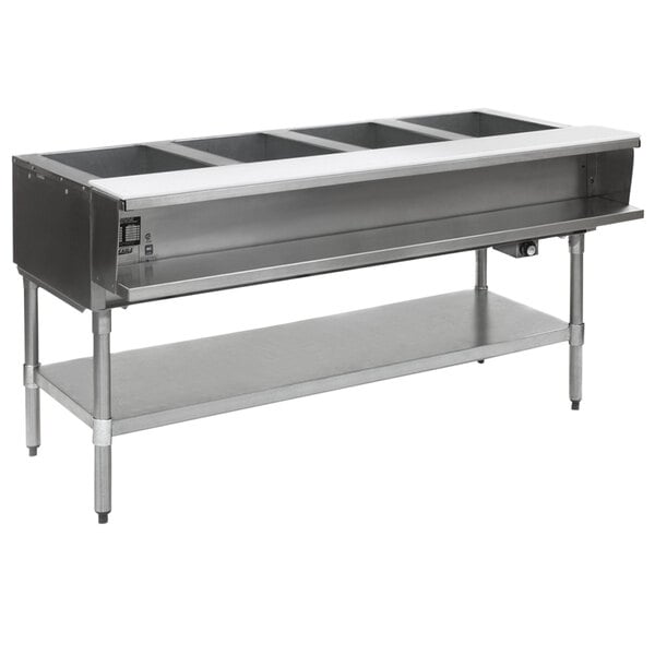 A large stainless steel Eagle Group water bath steam table with pans on a galvanized base.