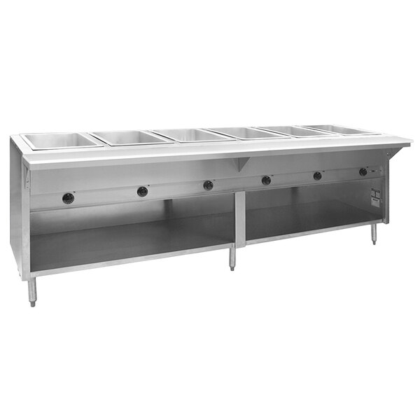 A stainless steel Eagle Group hot food table with an open front.