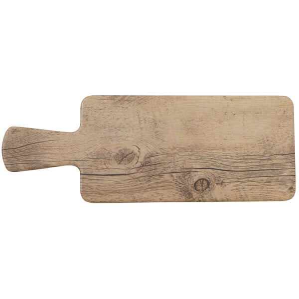 A rectangular faux oak wood melamine display board with a handle.