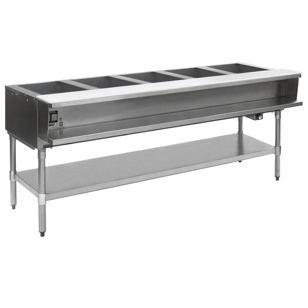 A large stainless steel Eagle Group water bath steam table with galvanized open base.