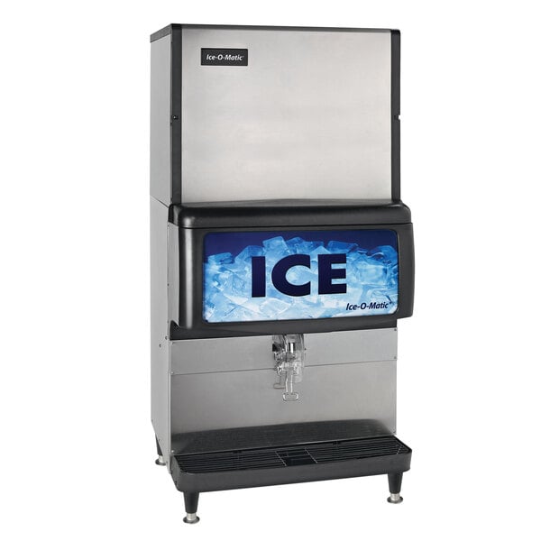 An Ice-O-Matic countertop ice dispenser with a screen on it.