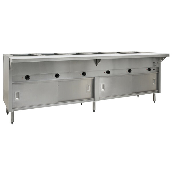 A large stainless steel Eagle Group hot food table with sliding doors.