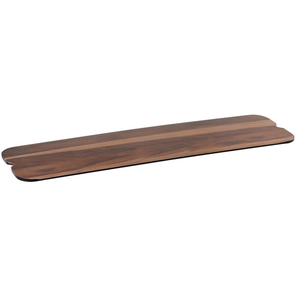 A rectangular faux walnut wood melamine display board with a wood surface with stripes.