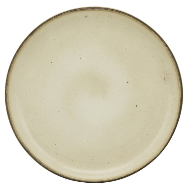 A beige porcelain bread and butter plate with a brown rim.