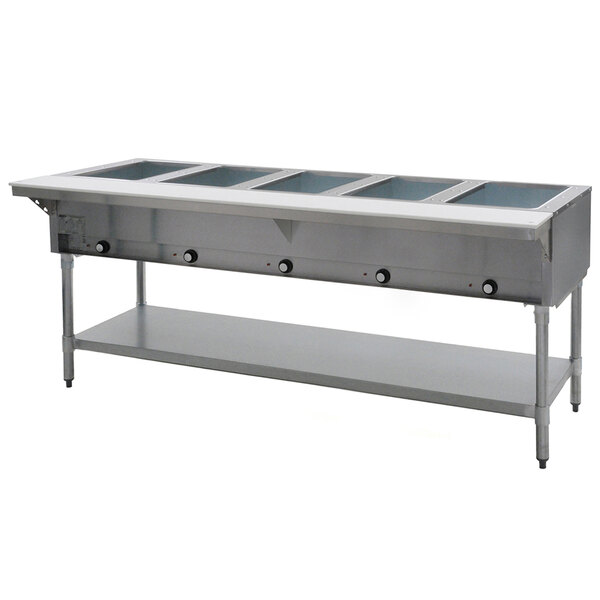 A large stainless steel Eagle Group hot food table with galvanized base and five open wells.