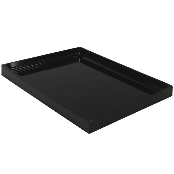 A black rectangular melamine food pan with a handle.