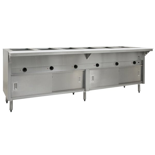 A large stainless steel Eagle Group hot food table with sliding doors on a counter.