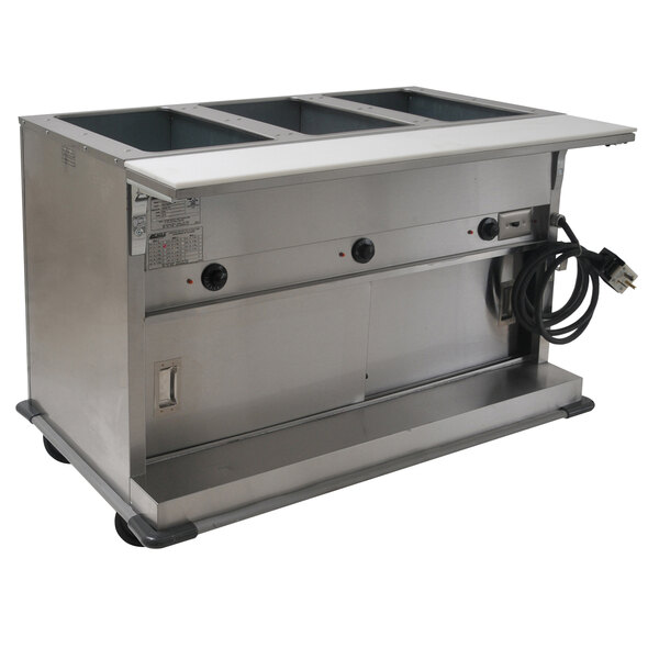 A stainless steel Eagle Group portable electric hot food table with sliding doors on a counter.