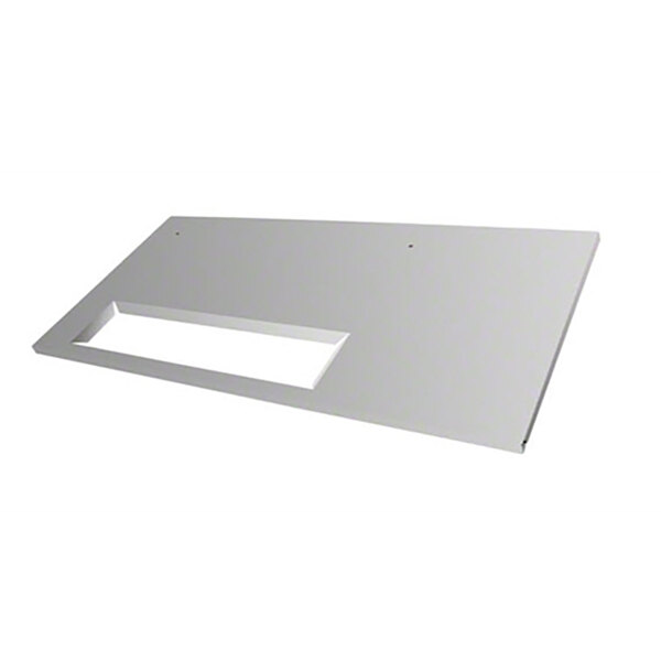 A white rectangular metal plate with a hole in it.