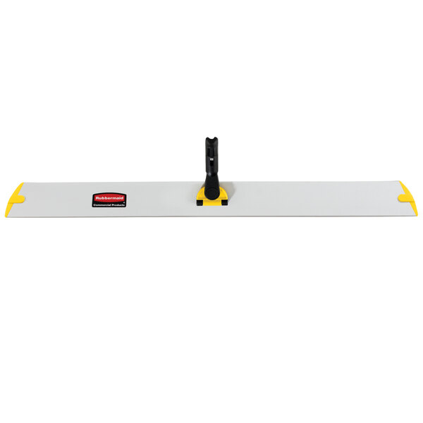 A white and yellow Rubbermaid rectangular mop frame with a black handle.