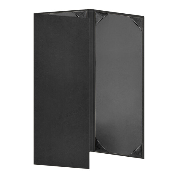 A black rectangular Tamarac menu cover with two open pages.