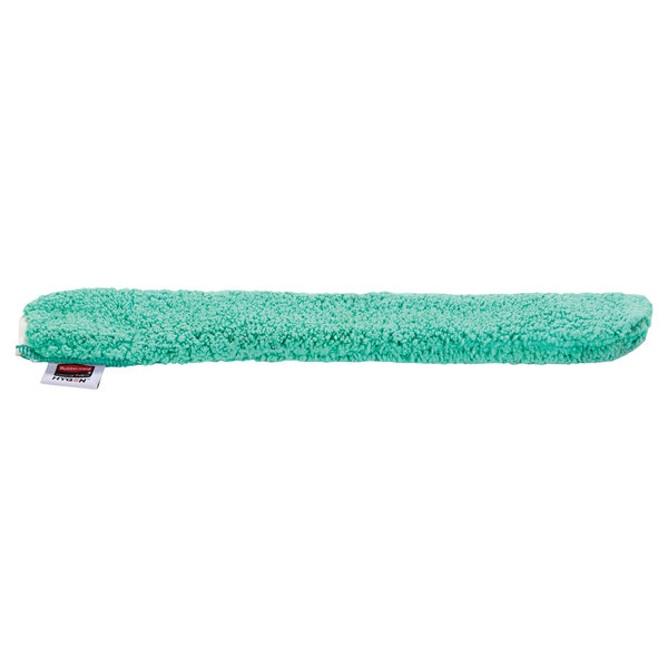 A green Rubbermaid microfiber dusting sleeve with a white label.
