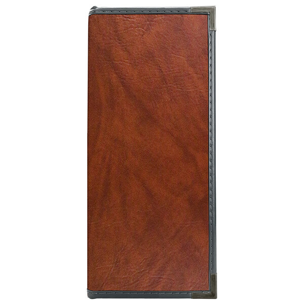 A brown leather rectangular menu cover with white stitching.