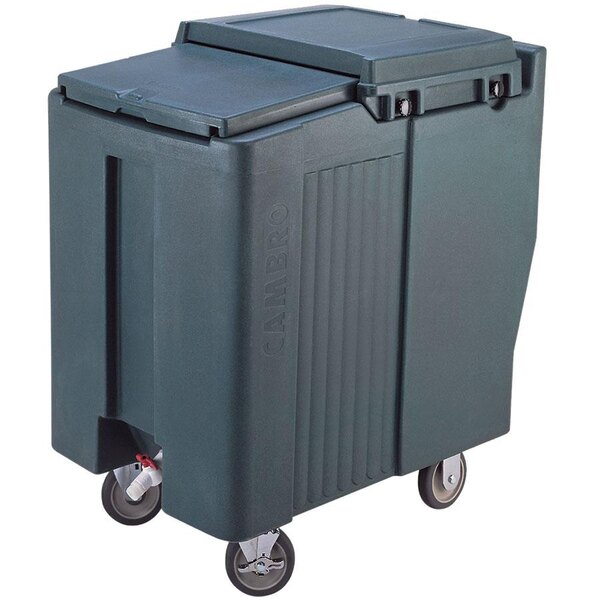 A granite gray Cambro mobile ice bin with wheels.