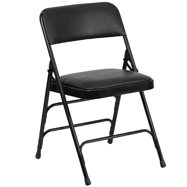 A black metal folding chair with a black padded vinyl seat.
