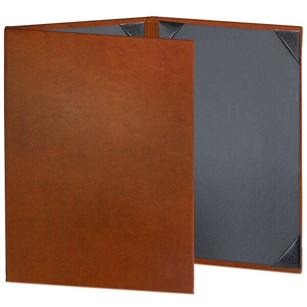 A brown folder with a grey and orange cover holding two pages.