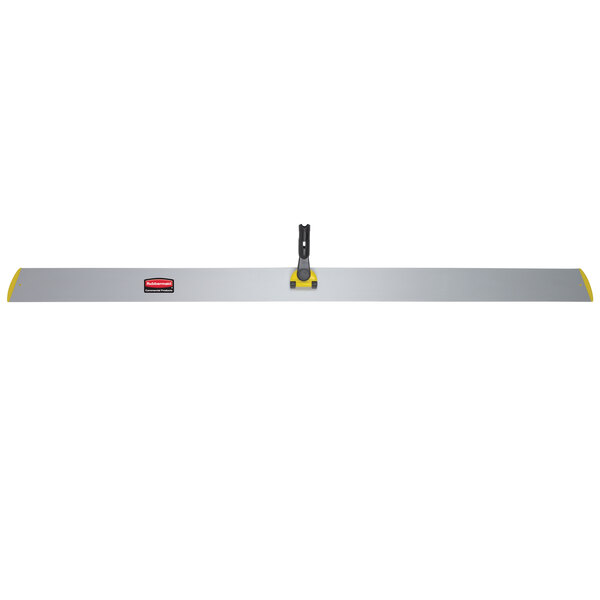 A long metal Rubbermaid mop frame with a yellow and black handle.
