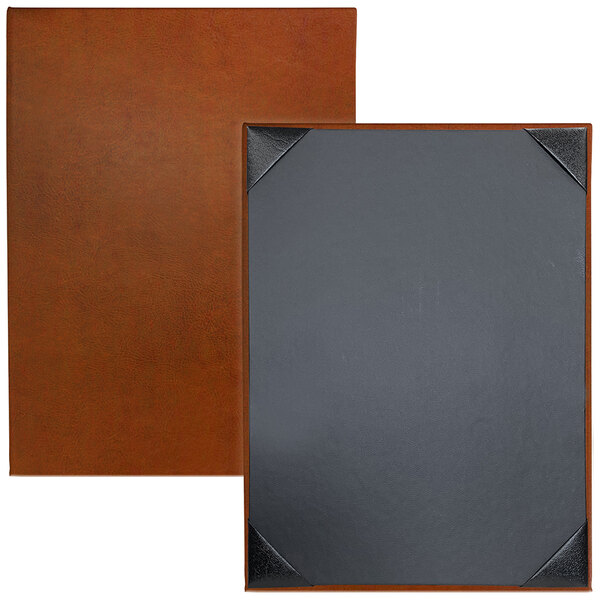 Two brown leather H. Risch Inc. Tamarac menu covers with black trim.