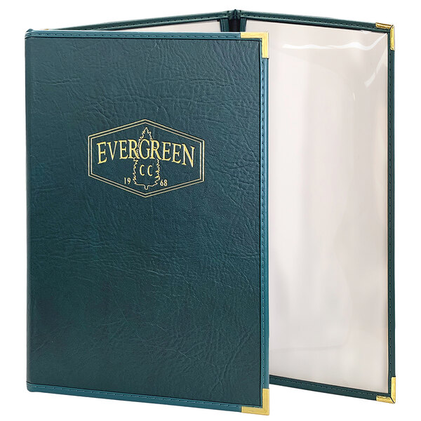 A green leather H. Risch, Inc. Seville menu cover with gold trim.
