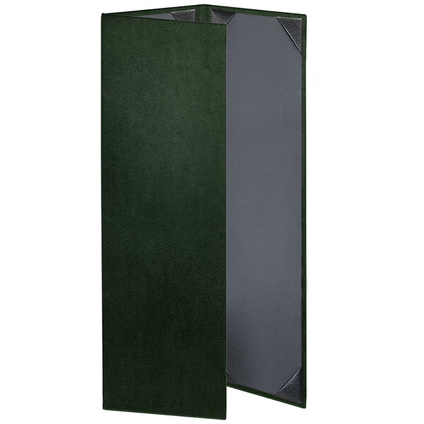 A green rectangular menu cover with a grey edge.