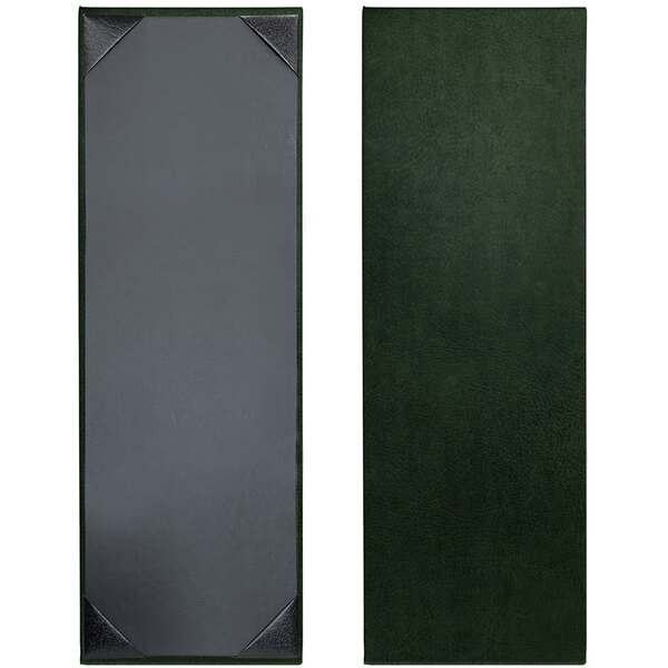 A close-up of a rectangular Tamarac menu cover with a black border and green leather surface.