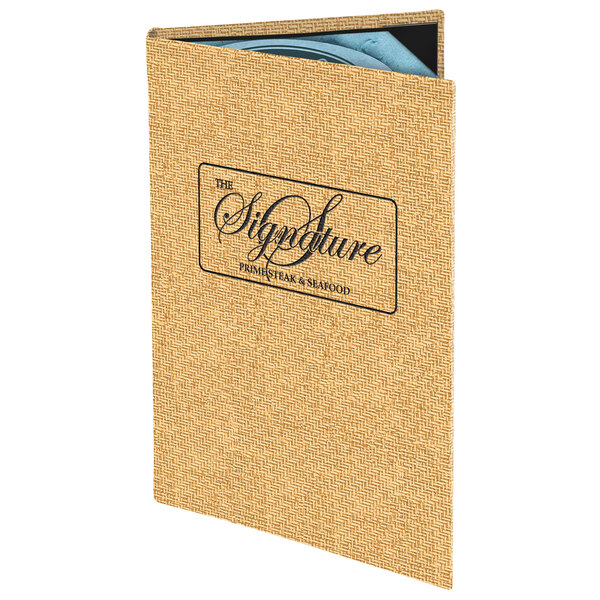 A brown Menu Solutions wicker menu cover with a white background.