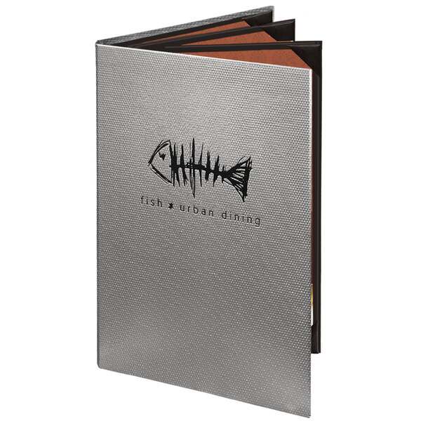 A Menu Solutions customizable menu cover with a fish skeleton on it.