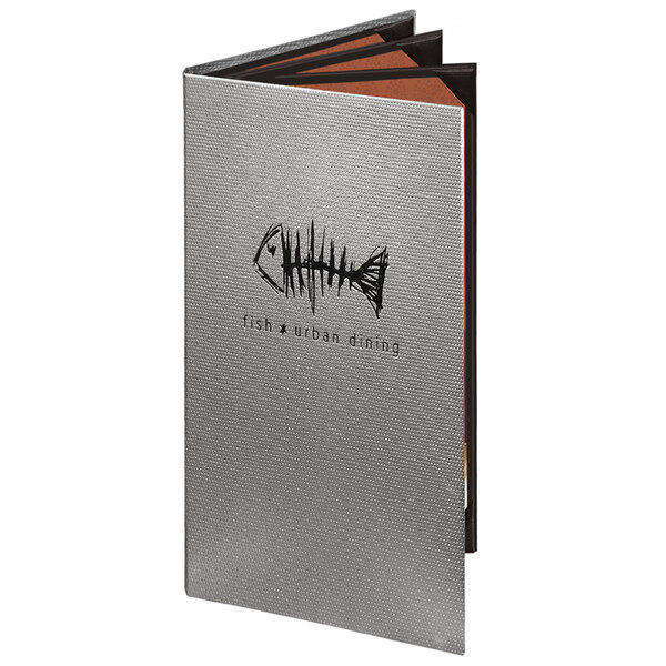 A Menu Solutions customizable silver quad panel menu cover with a fish skeleton on it.