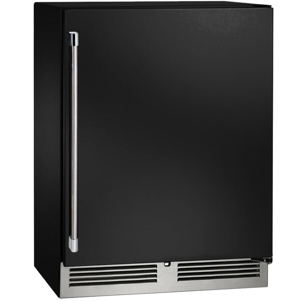 A black Perlick undercounter refrigerator with a stainless steel door and silver handle.