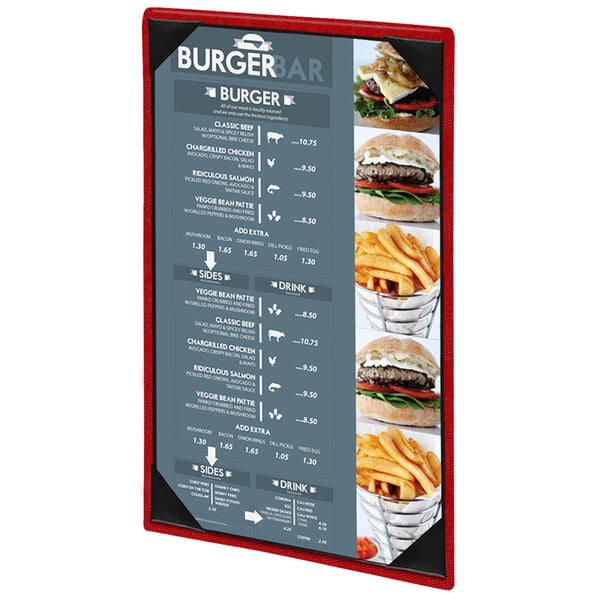 A red and black Menu Solutions menu board on a table with a burger and fries.