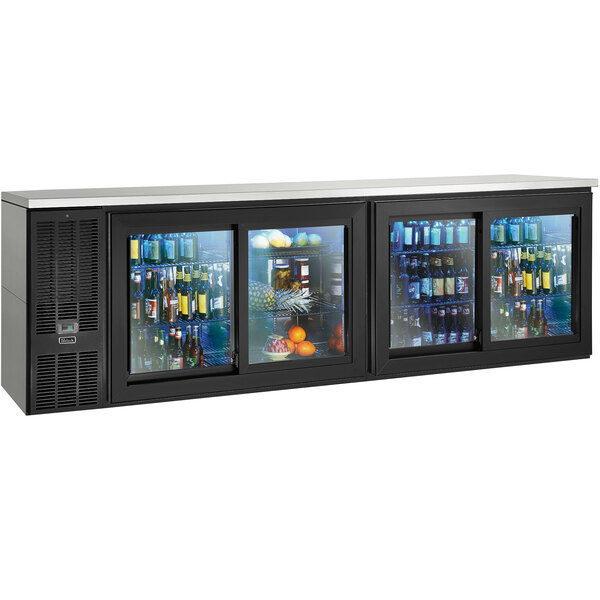 A Perlick black back bar refrigerator with glass sliding doors.