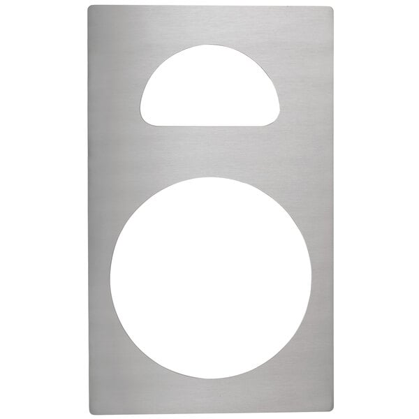 A silver rectangular stainless steel adapter plate with a hole in the middle.