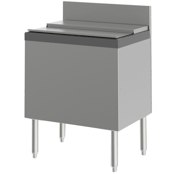 A grey rectangular Perlick underbar ice chest with a white interior.