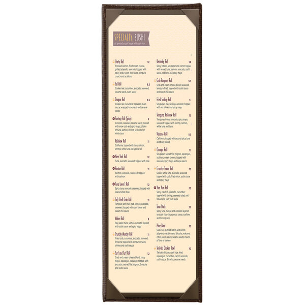 A Menu Solutions Wicker menu cover with brown and purple borders.